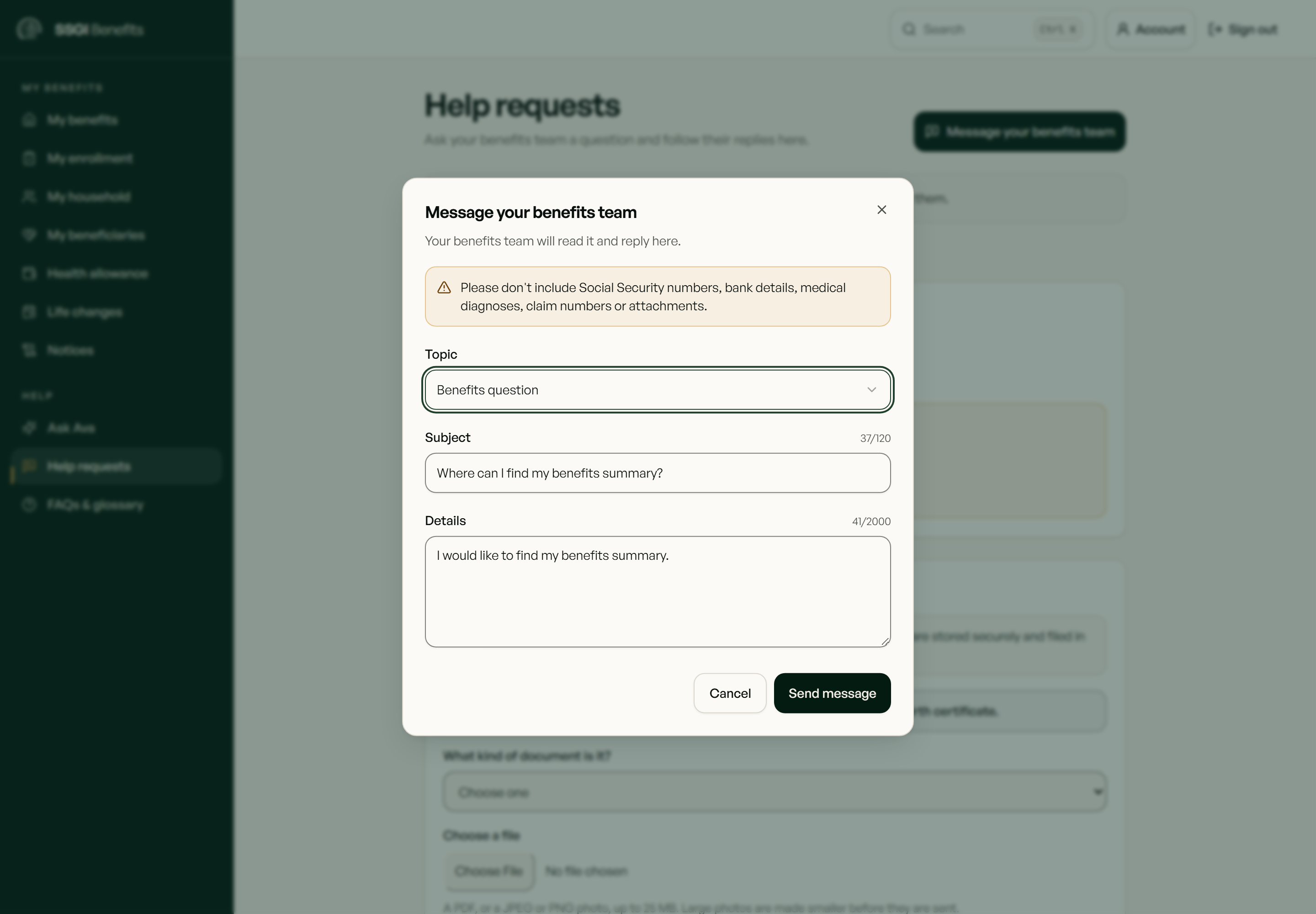 Help request with a message form and document controls