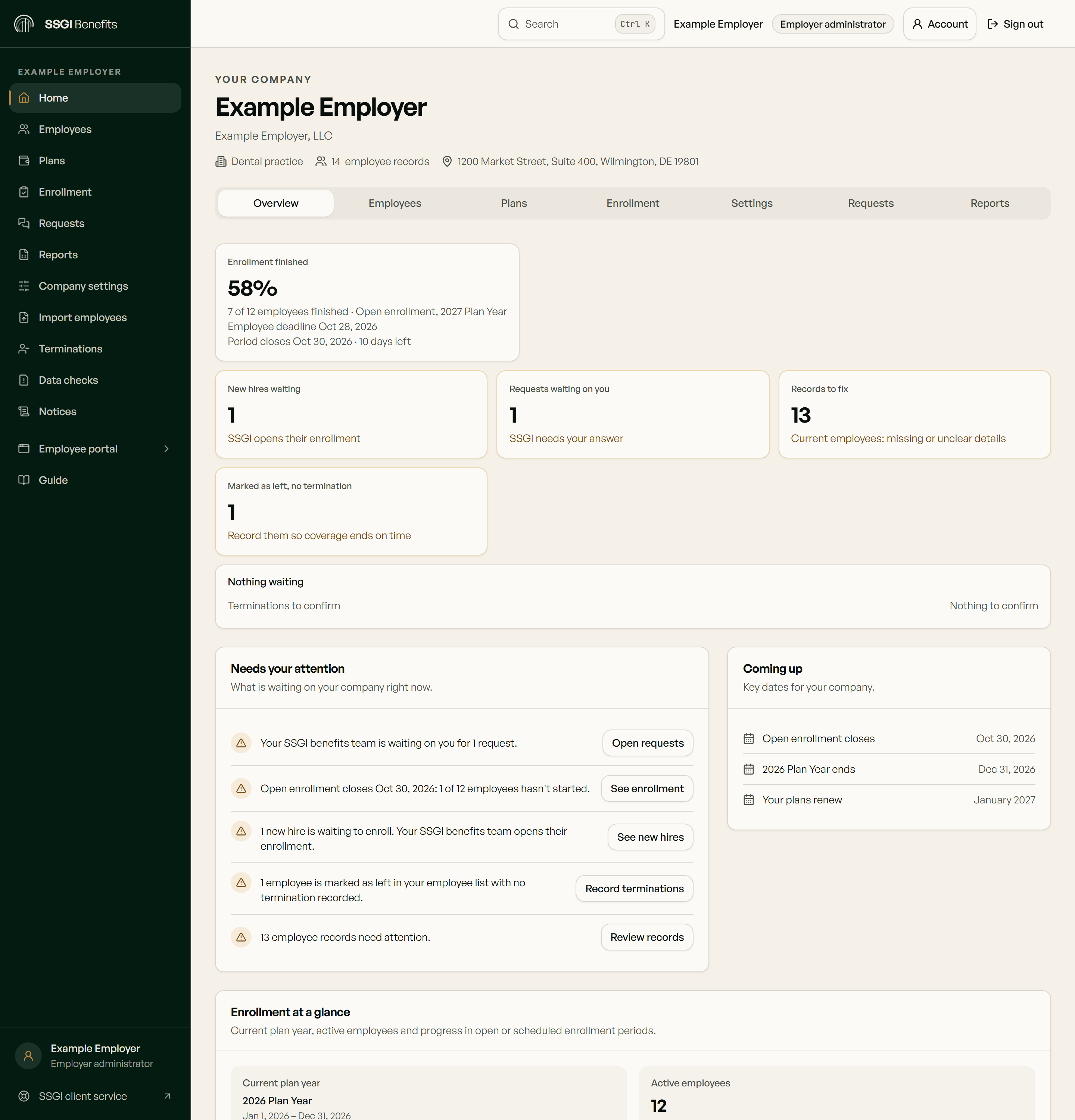 SSGI employer administrator overview with fictional Example Employer data