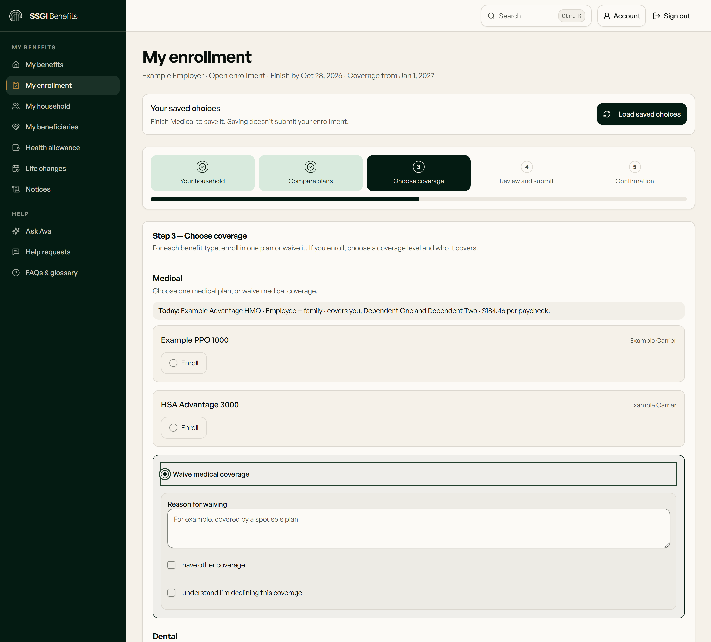 Actual group enrollment screen with plan and waiver choices