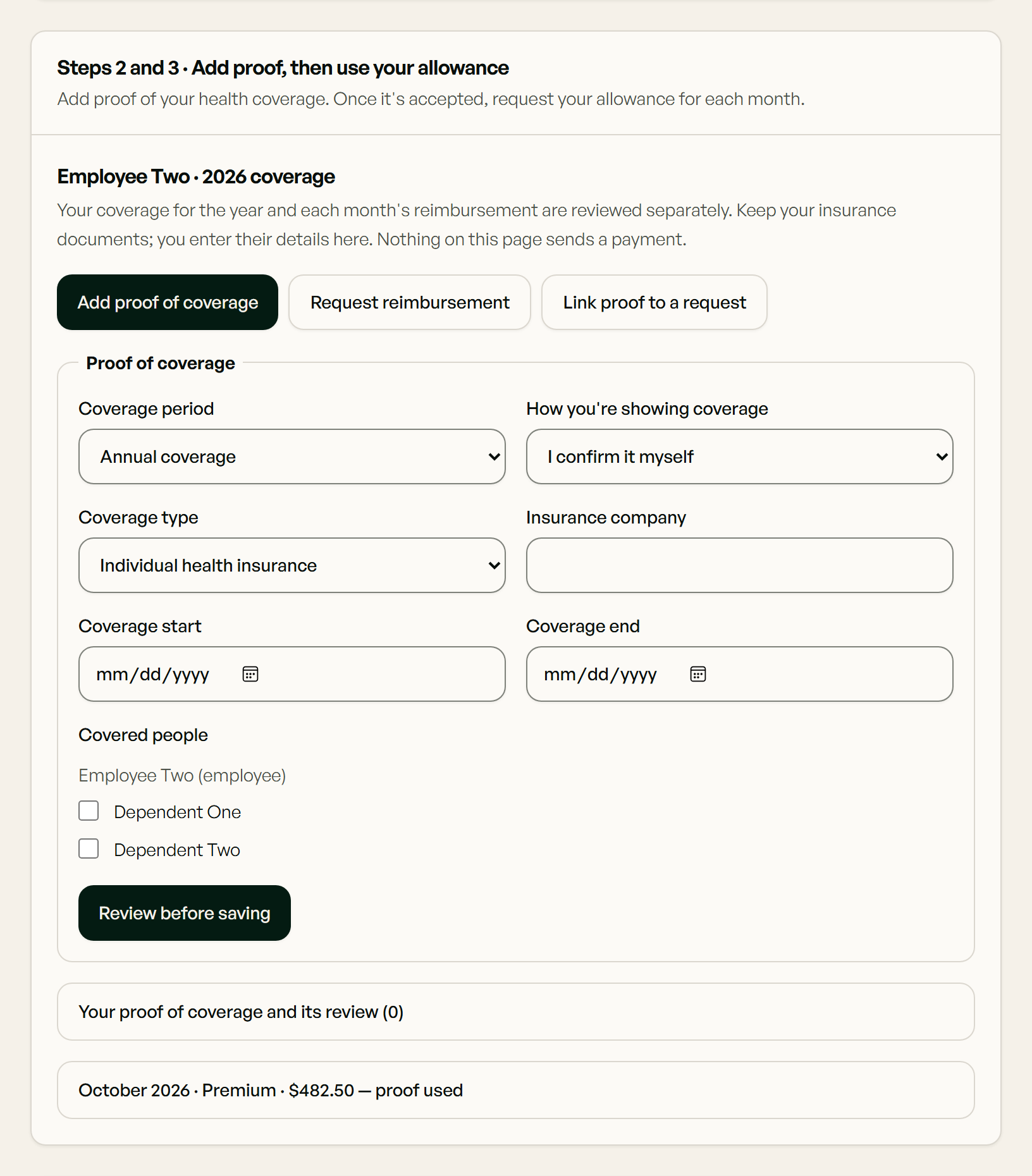 ICHRA proof-of-coverage form in the SSGI platform