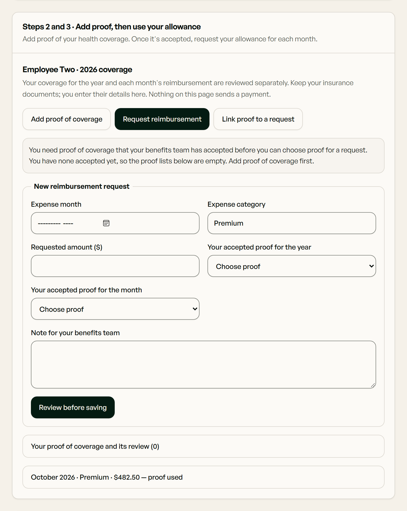 ICHRA reimbursement request form in the SSGI platform