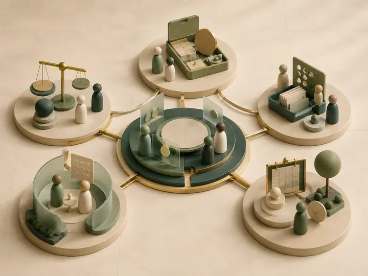 Five connected outcome stations surrounding one accountable advisory hub.