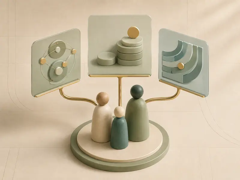 A family beneath connected panels representing health coverage, care access, and financial protection.