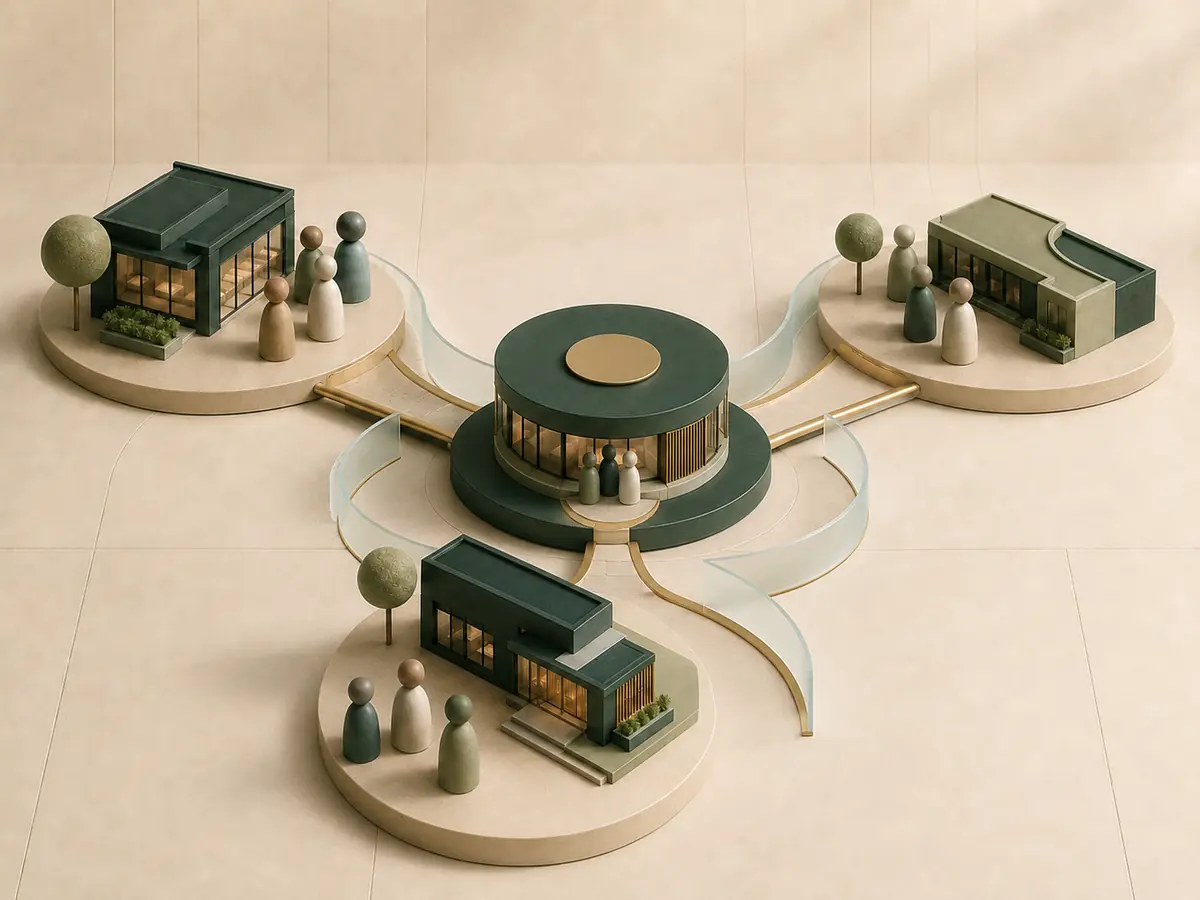 Three workplace teams connected through one central benefits strategy and service hub.