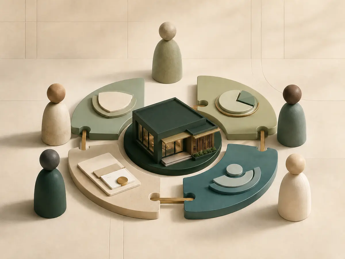 A small business team arranged around a shared office and coordinated benefits foundation.