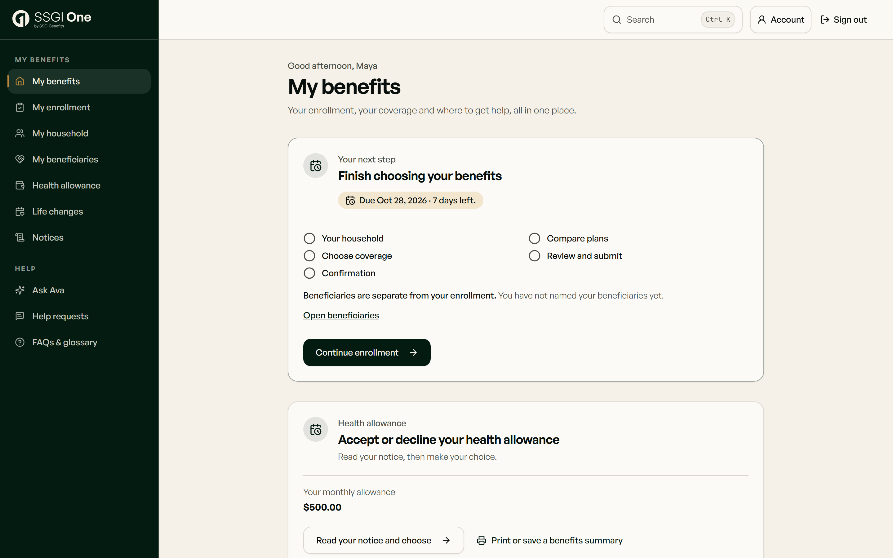 Employee benefits home with coverage and next steps