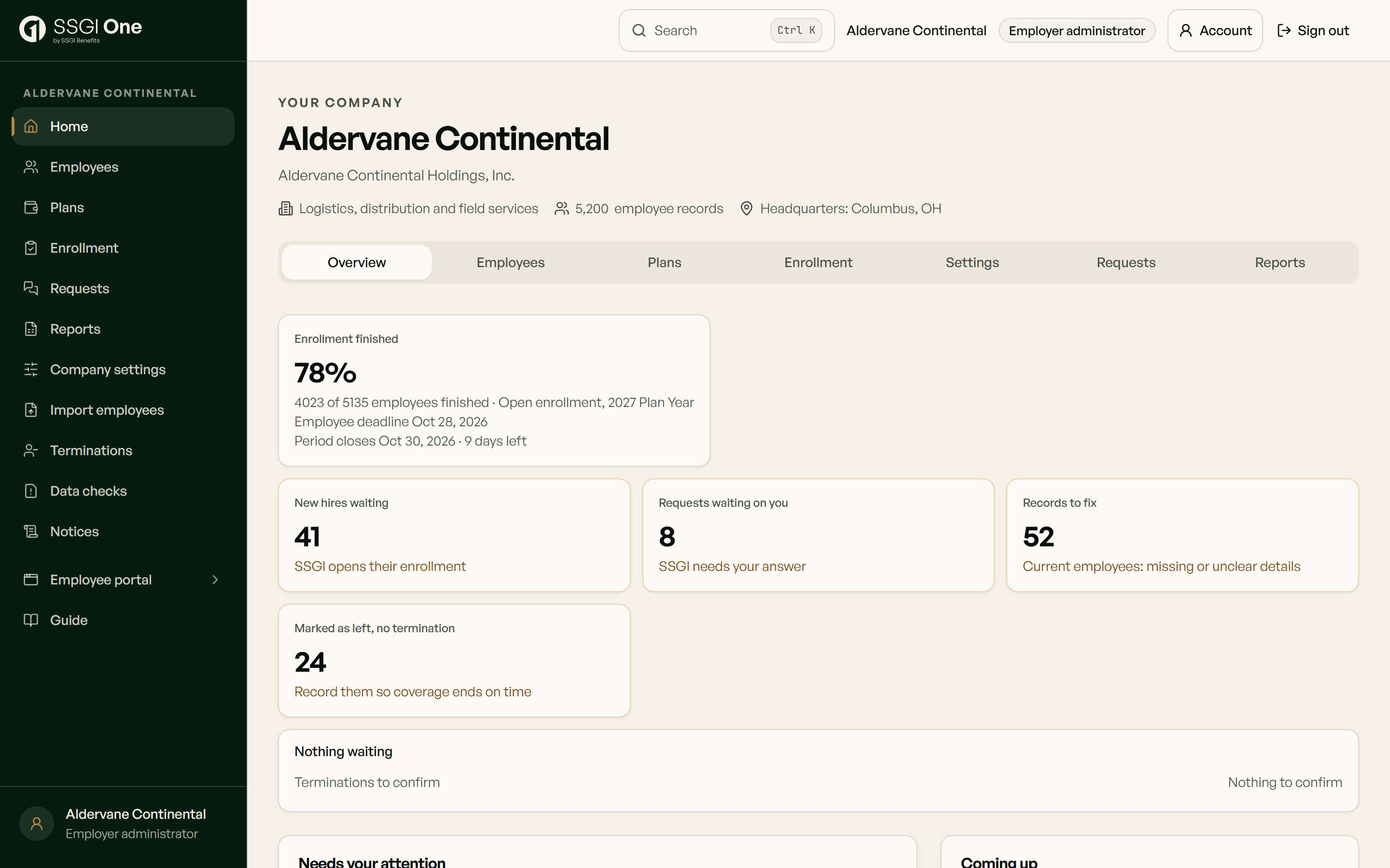 Employer overview with enrollment progress and requests