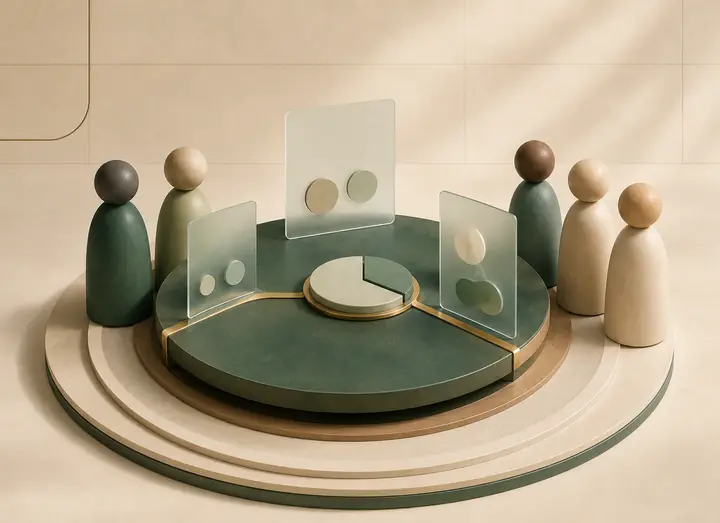 An ivory advisory table surrounded by forest-green and glass panels, connected by fine brass lines.