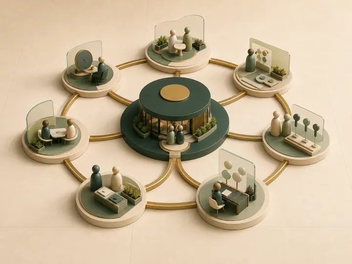 Seven benefits-work stations connected around one central SSGI coordination hub.