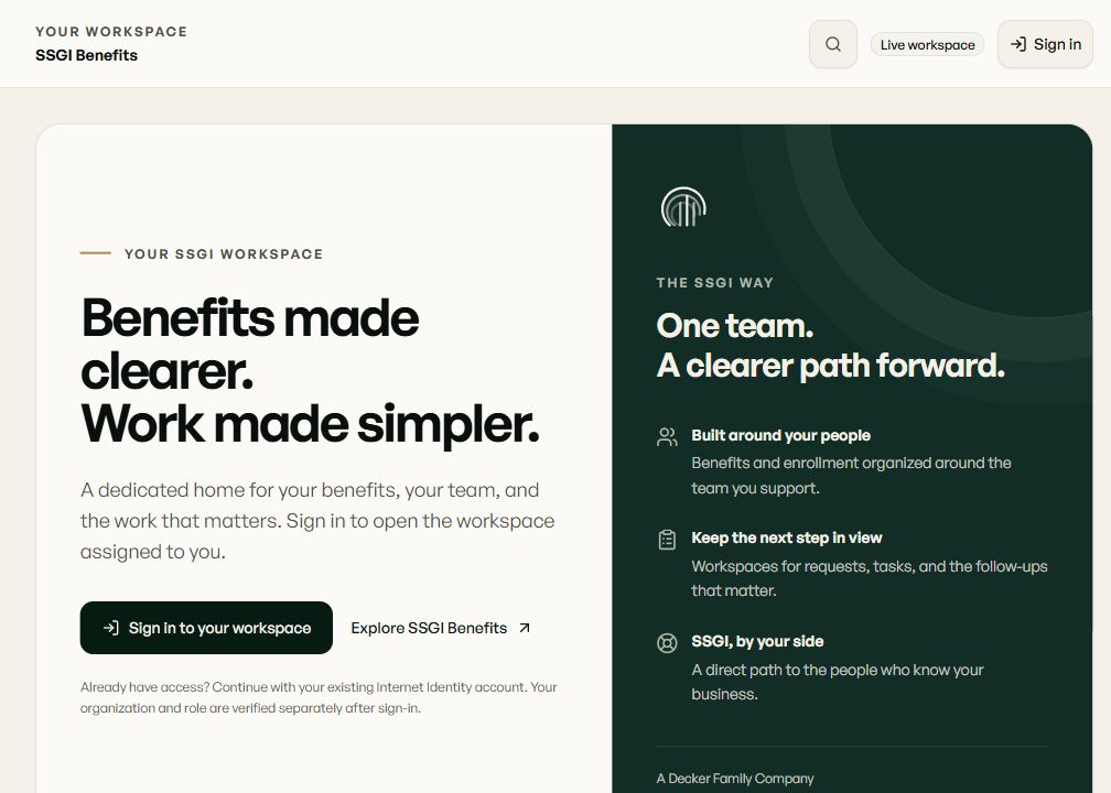 SSGI Benefits Platform welcome screen: Benefits made clearer. Work made simpler.